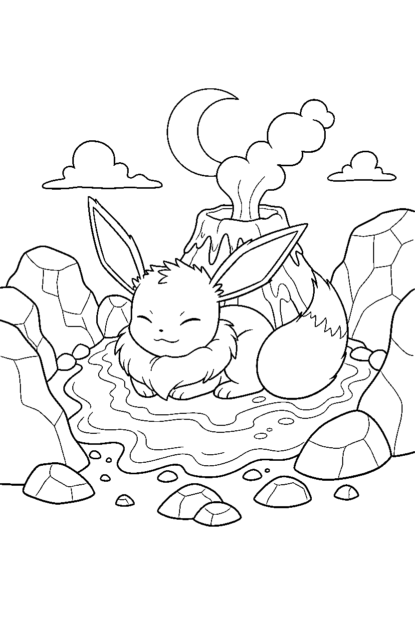 eevee pokemon resting peacefully in a volcano area line art