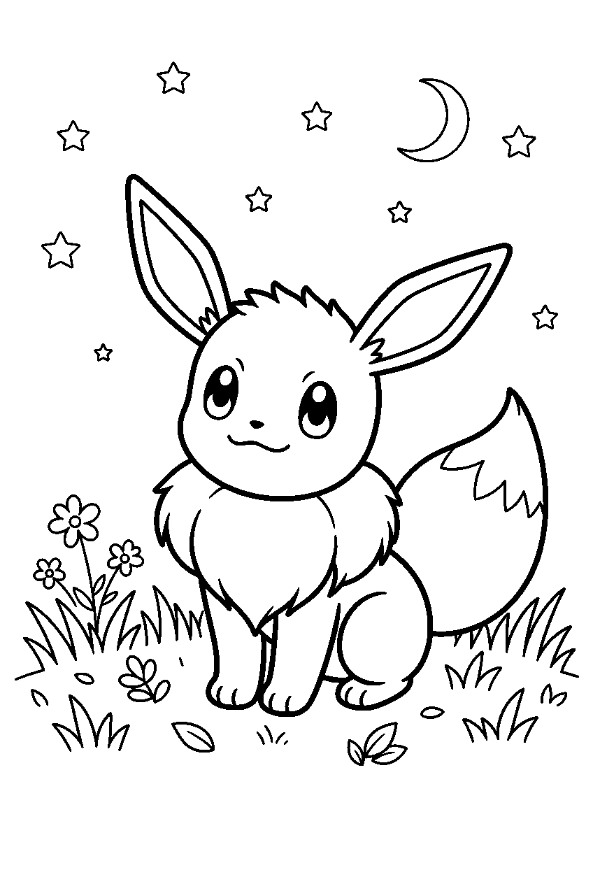 eevee posing as shiny eevee beneath stars in a quiet field line art