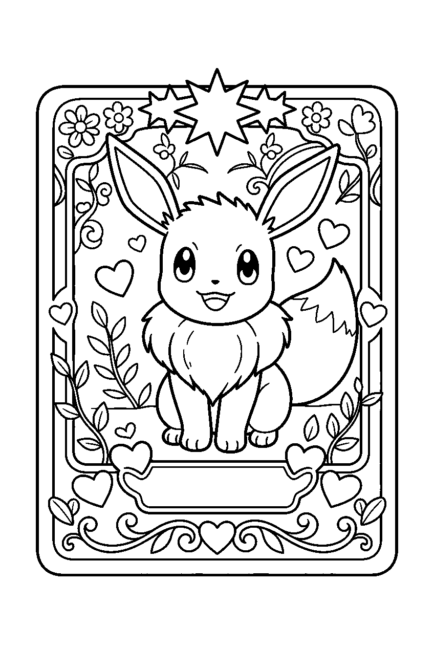 eevee posing inside a pokemon trading card frame with hearts and leaves line art