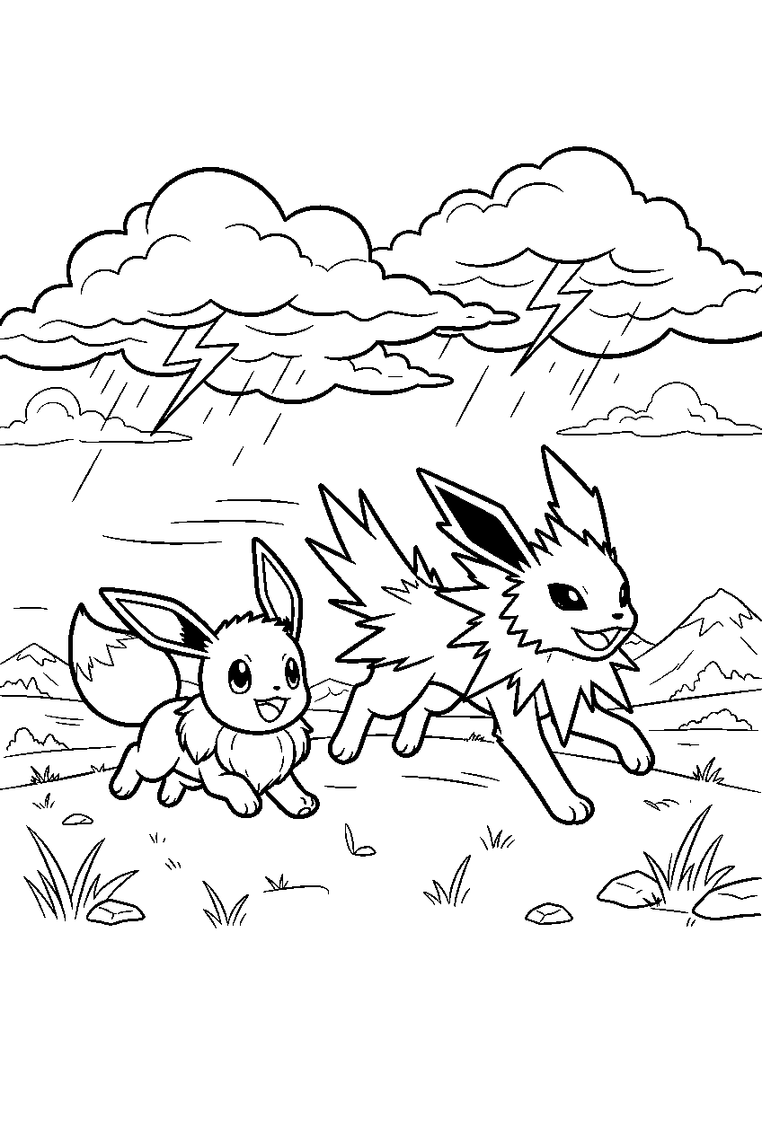 eevee racing jolteon beneath thunderclouds in an open field line art