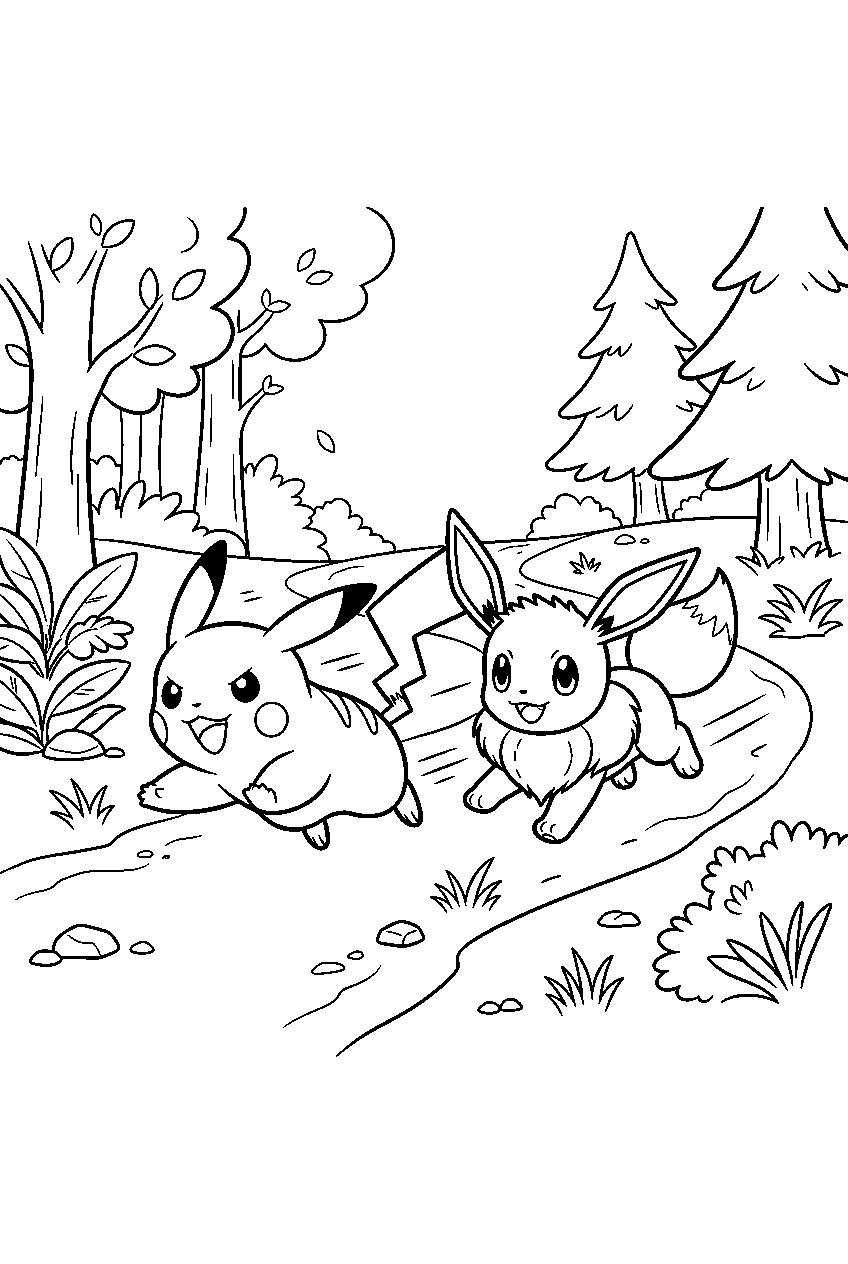 eevee racing pikachu along a woodland trail line art