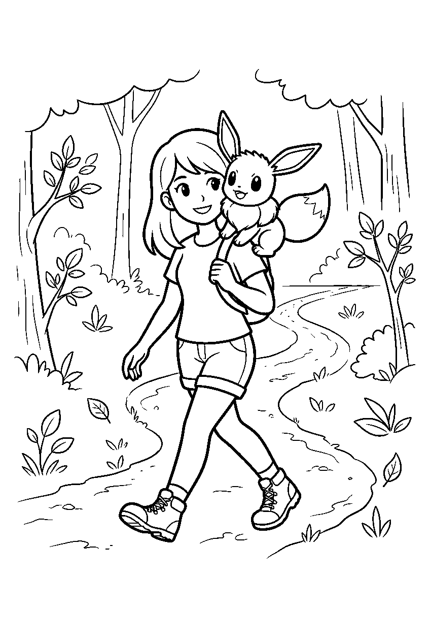 eevee riding on a trainer s shoulder along a forest path line art