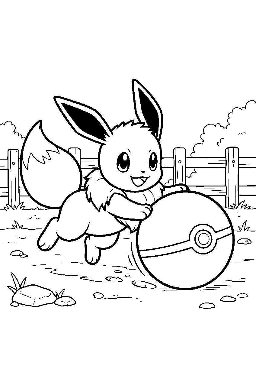 eevee rolling a pokeball across a training yard line art