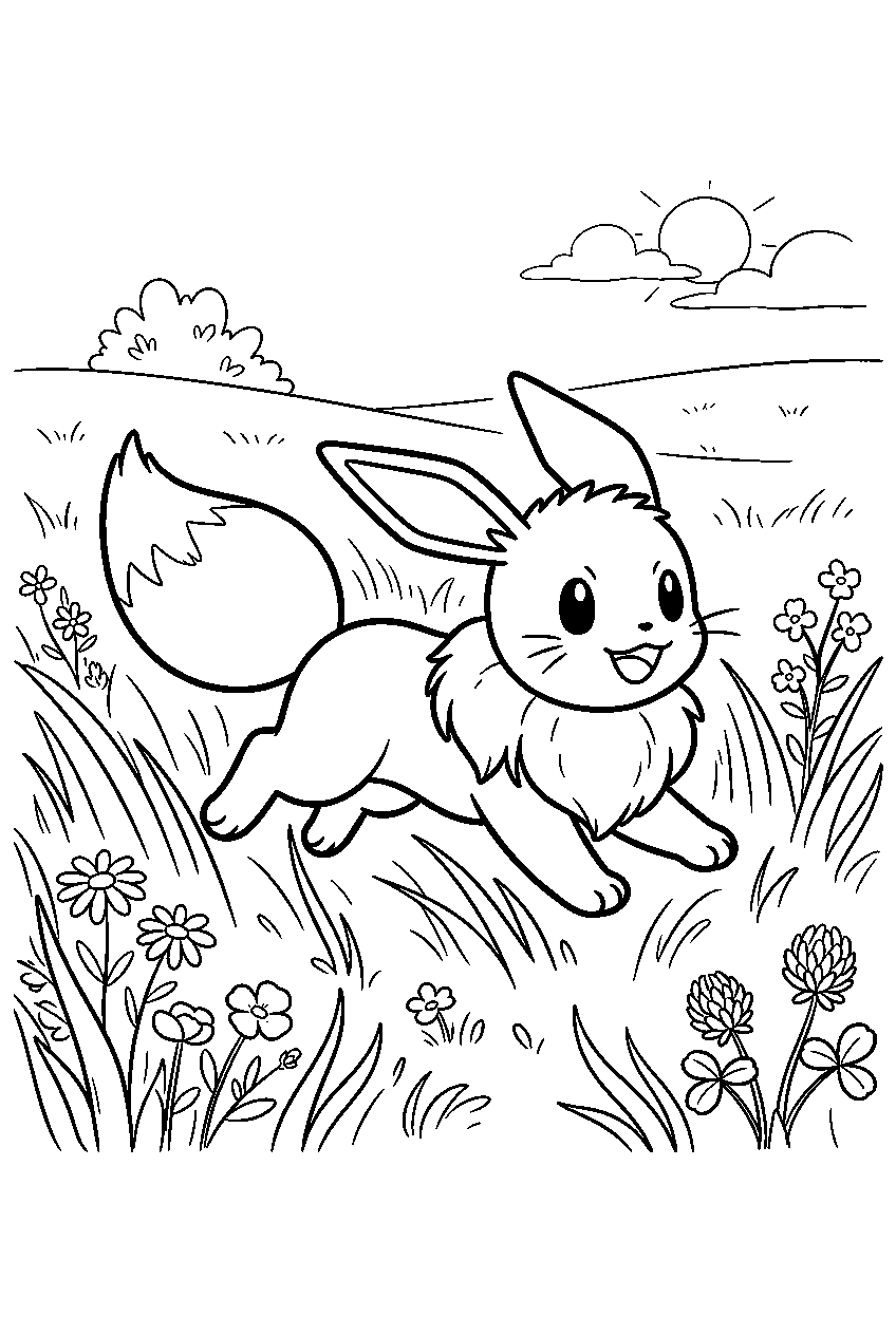 eevee running through tall grass in a flower meadow line art