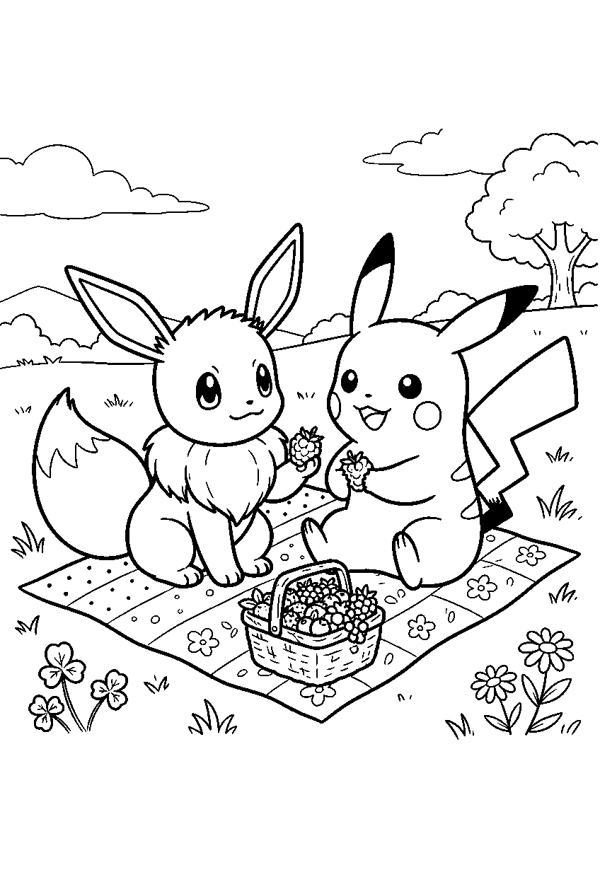 eevee sharing berries with pikachu at a meadow picnic line art