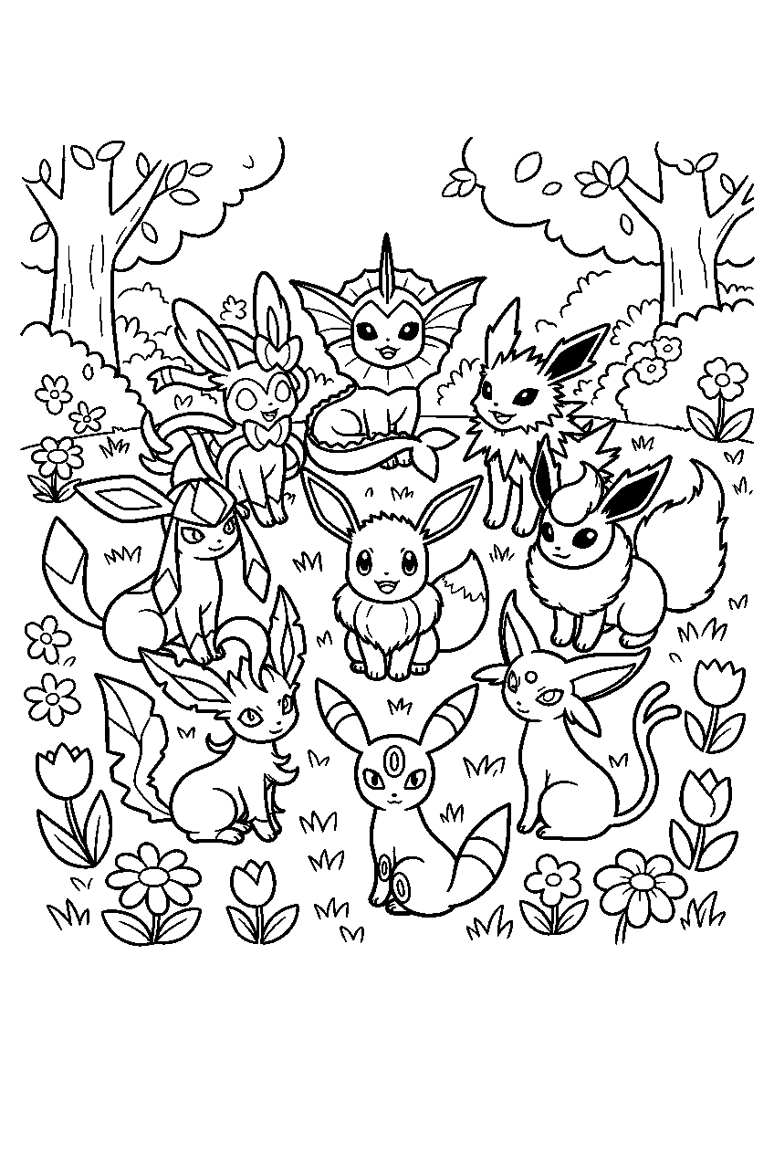 eevee sitting at the center of all eight evolutions in a flower forest line art