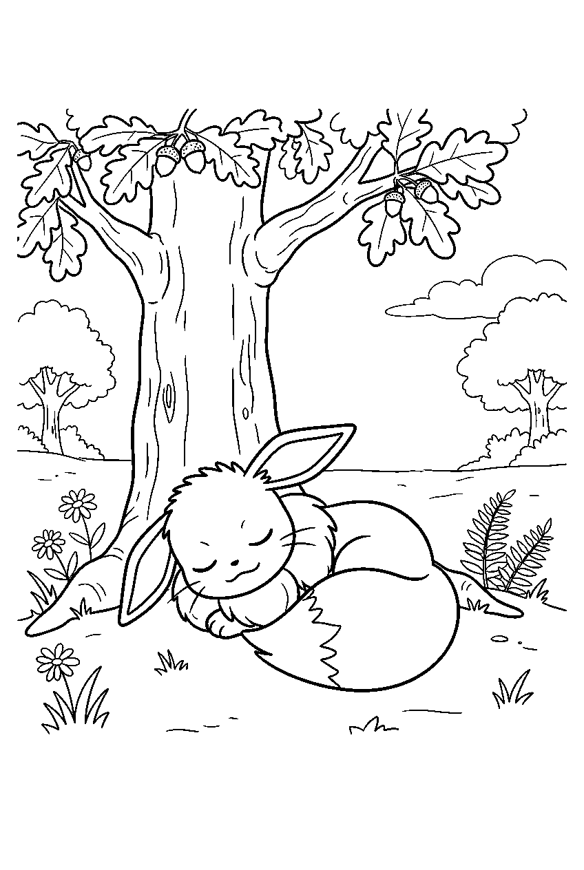 eevee sleeping beneath an oak tree in a quiet forest line art