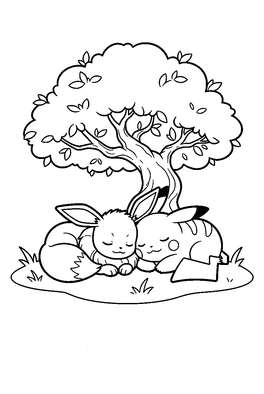 eevee sleeping beside pikachu beneath a shady tree line art