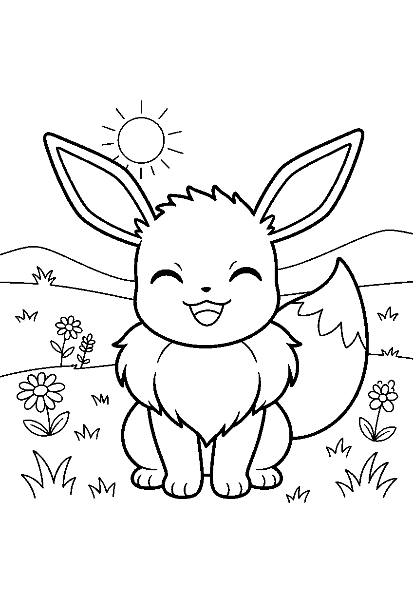 eevee smiling with a kawaii expression in a sunny meadow line art