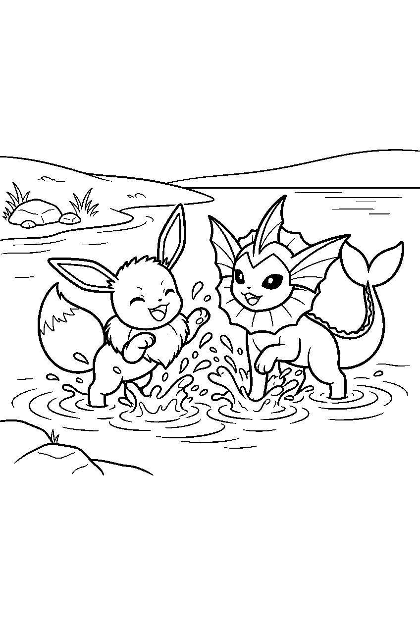 eevee splashing with vaporeon beside a clear lake line art