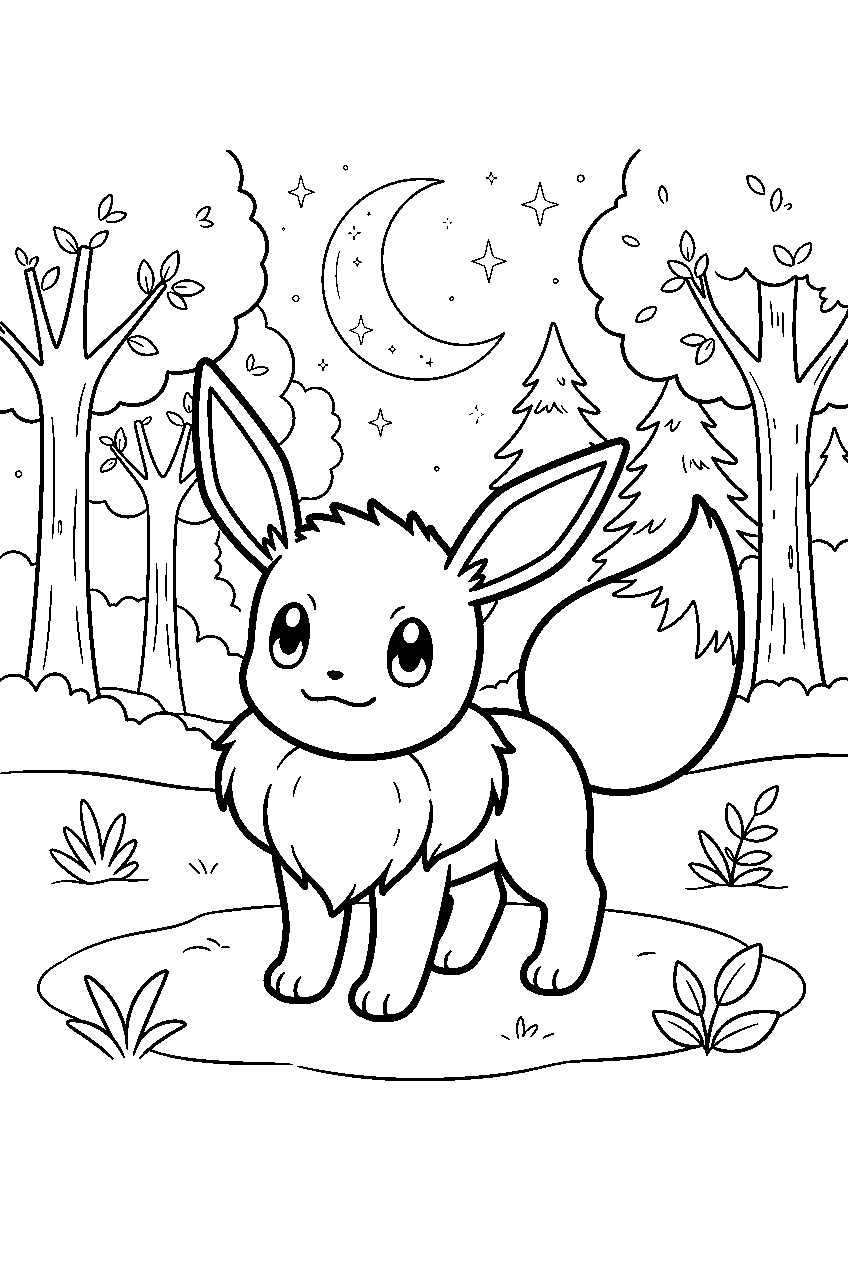 eevee standing with its fluffy tail raised in a moonlit forest line art