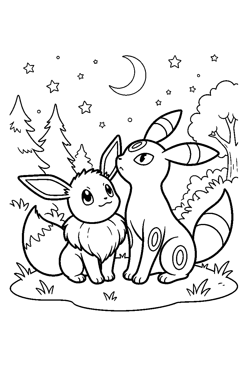 eevee stargazing with umbreon in a moonlit forest line art