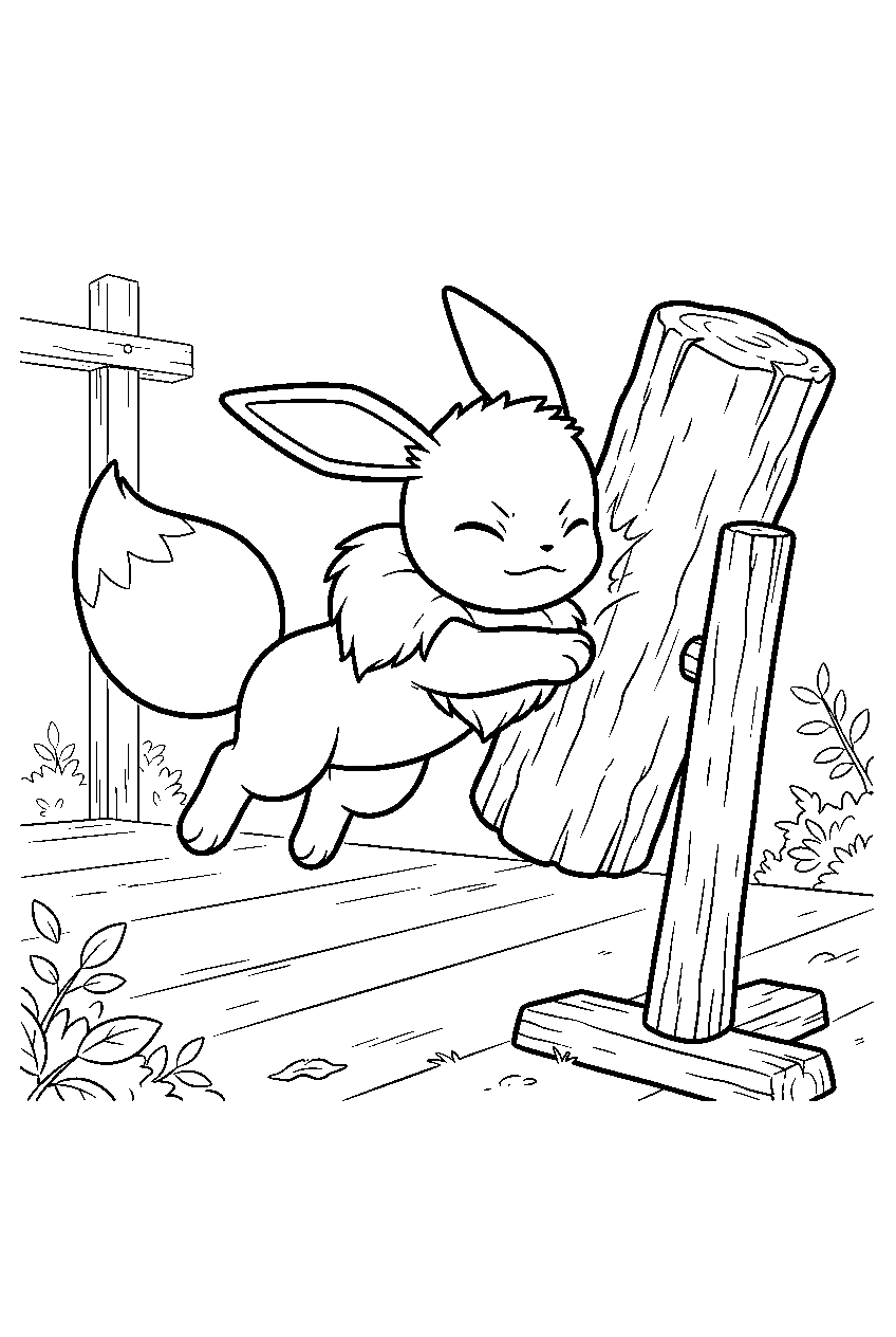 eevee tackling a training dummy in an outdoor gym line art
