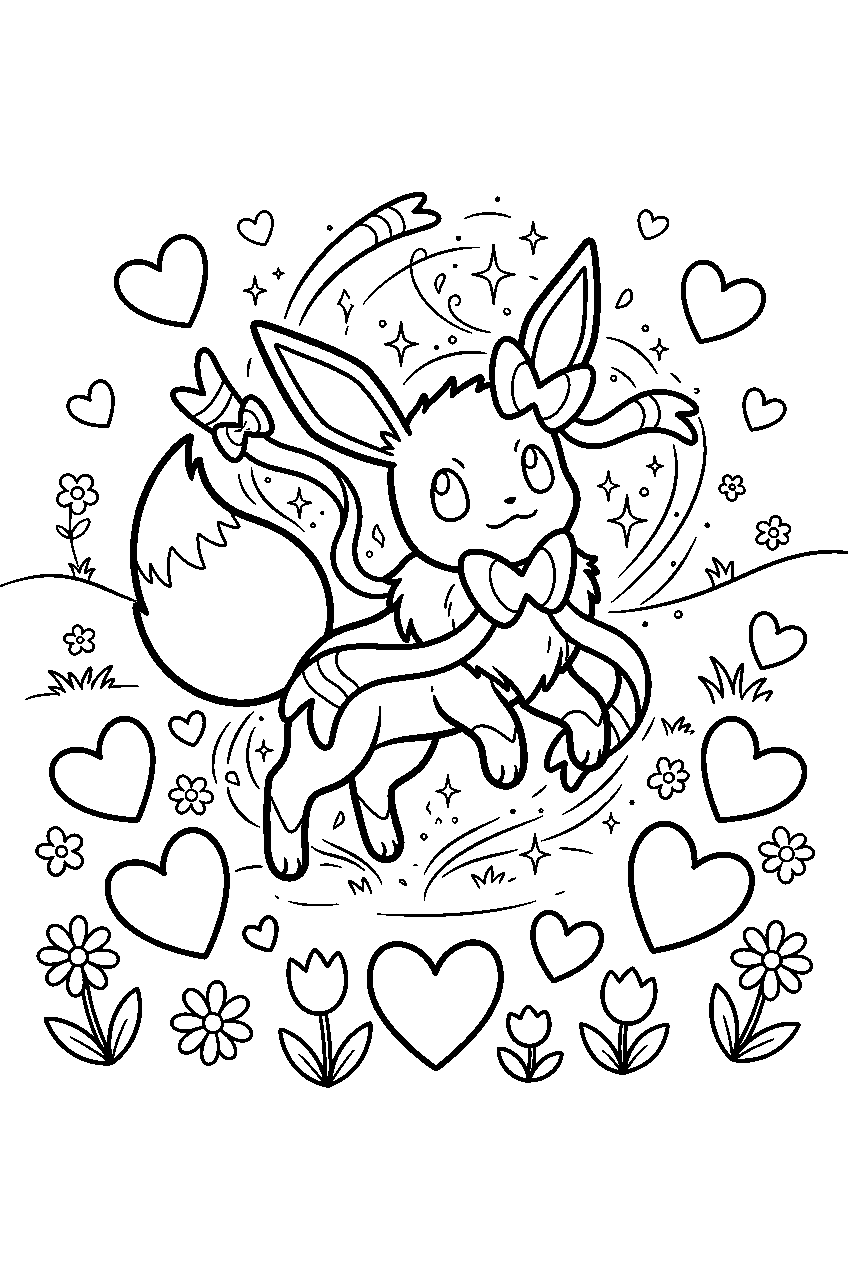 eevee transforming into sylveon among hearts in a flower meadow line art