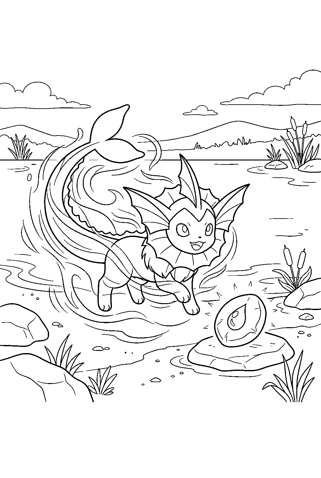 eevee transforming into vaporeon beside a water stone at a lakeshore line art