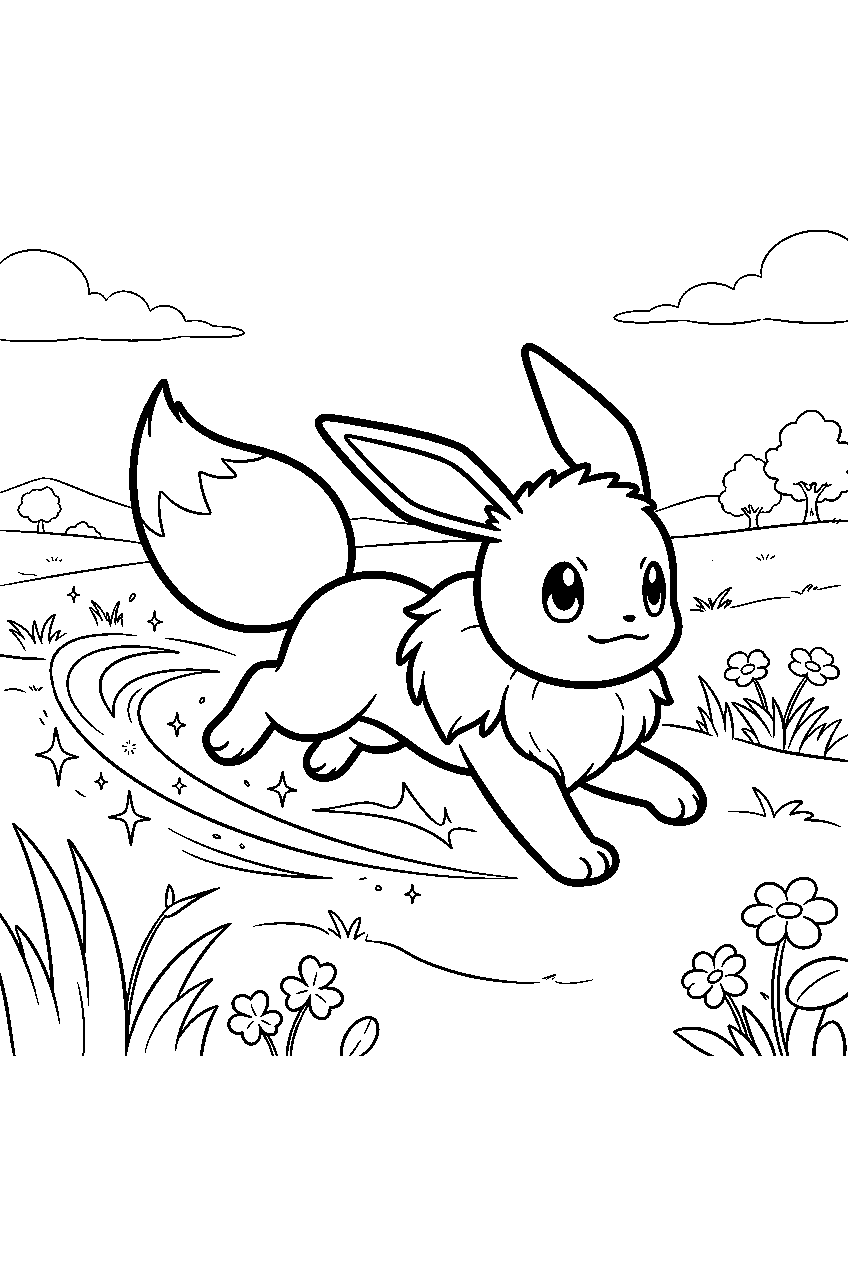 eevee using quick attack across a grassy training field line art
