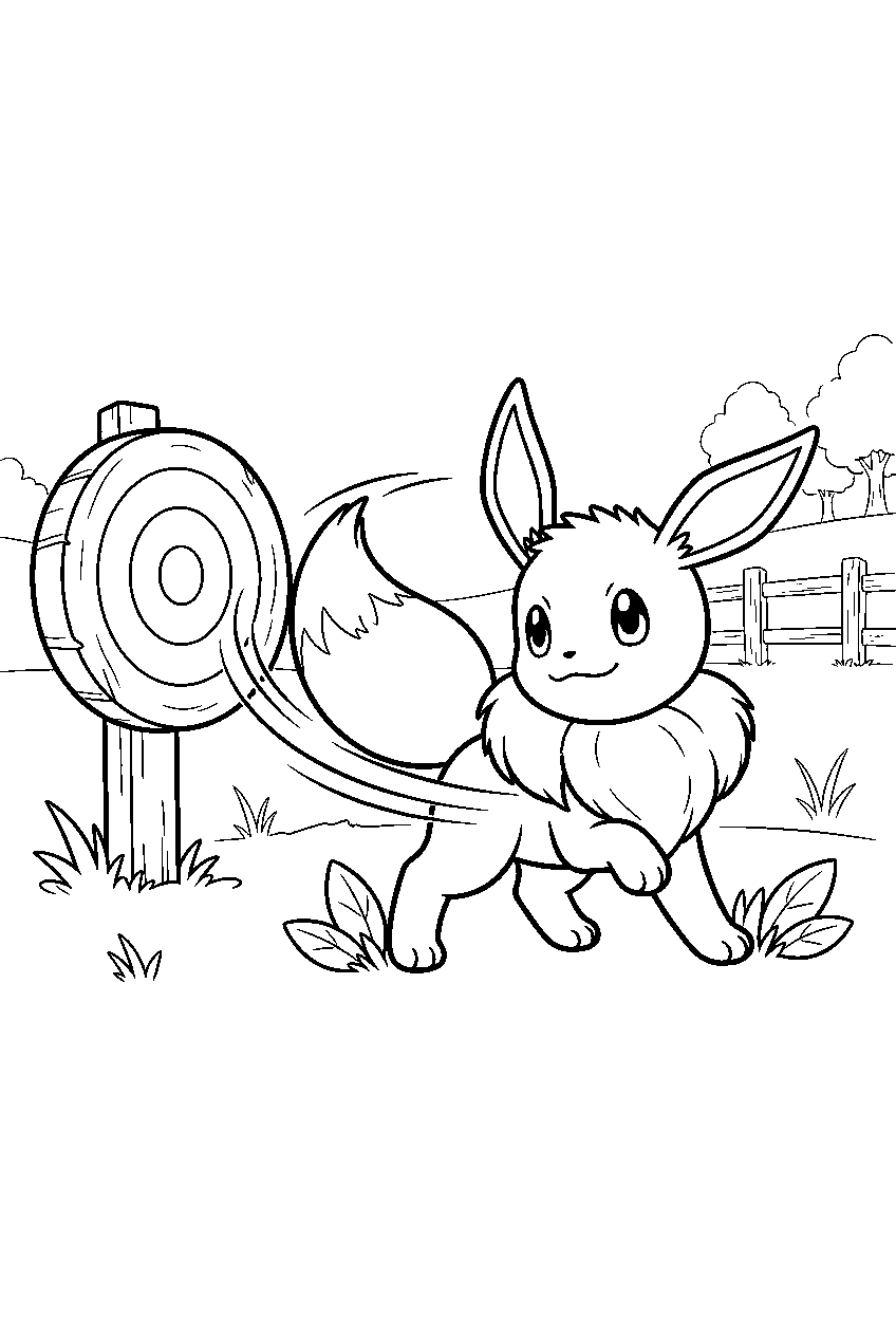 eevee using tail whip at a target in a grassy arena line art