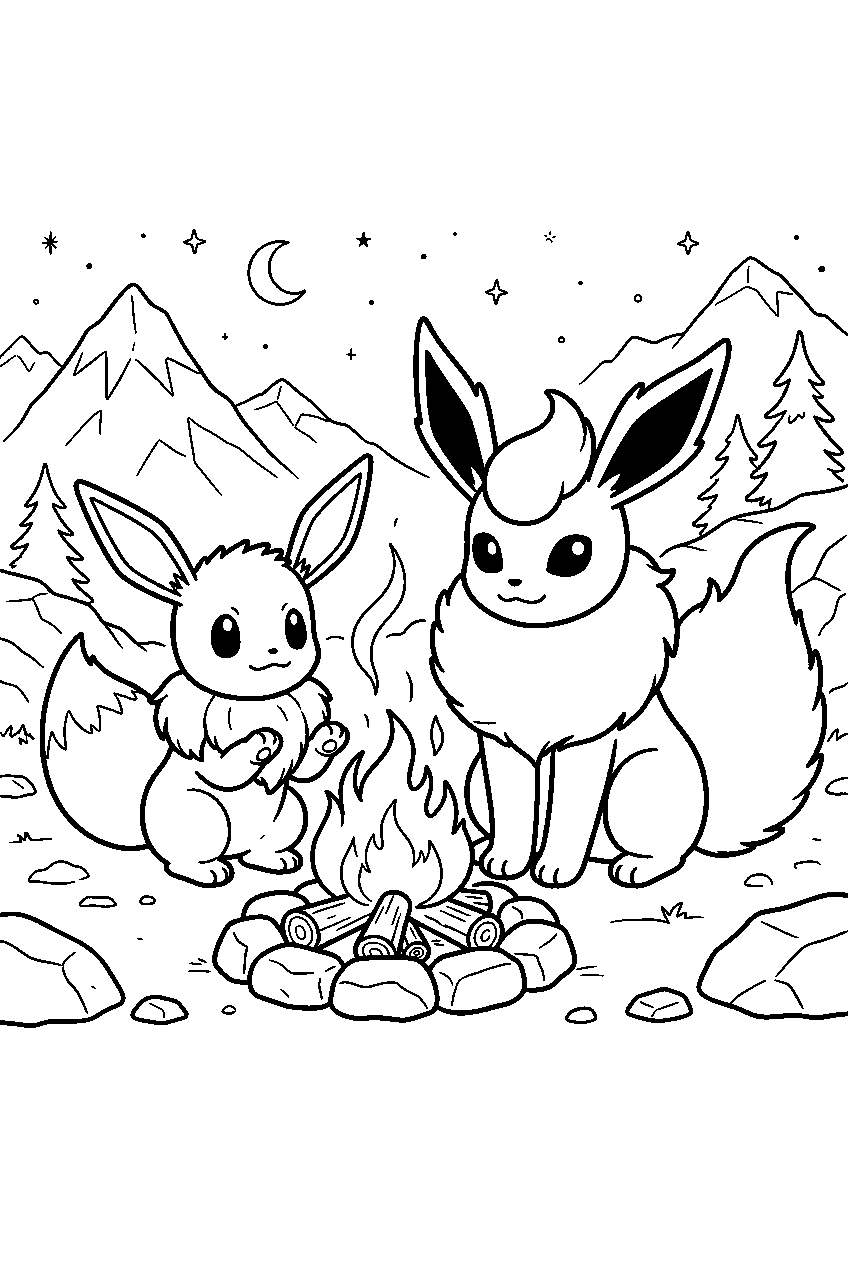eevee warming beside flareon at a mountain campfire line art