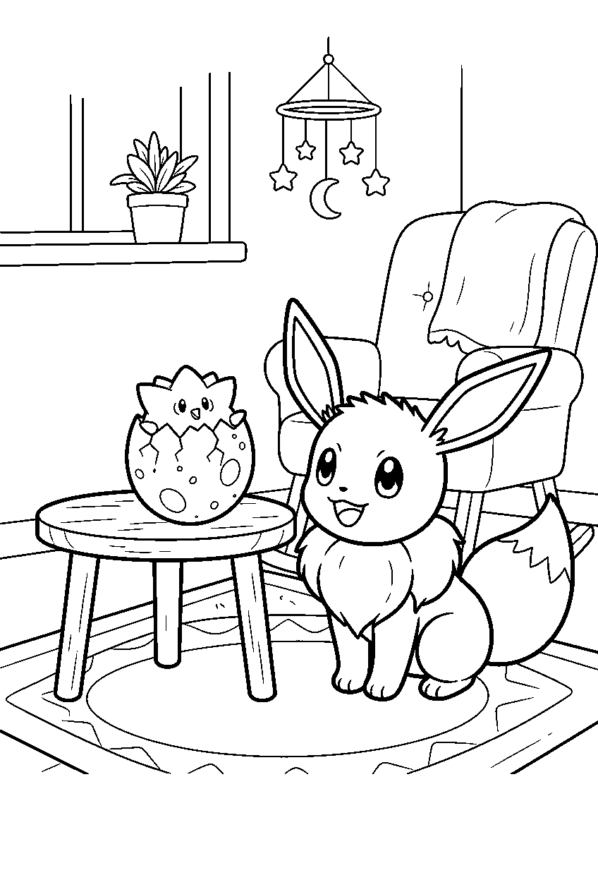 eevee watching a speckled egg hatch inside a nursery line art