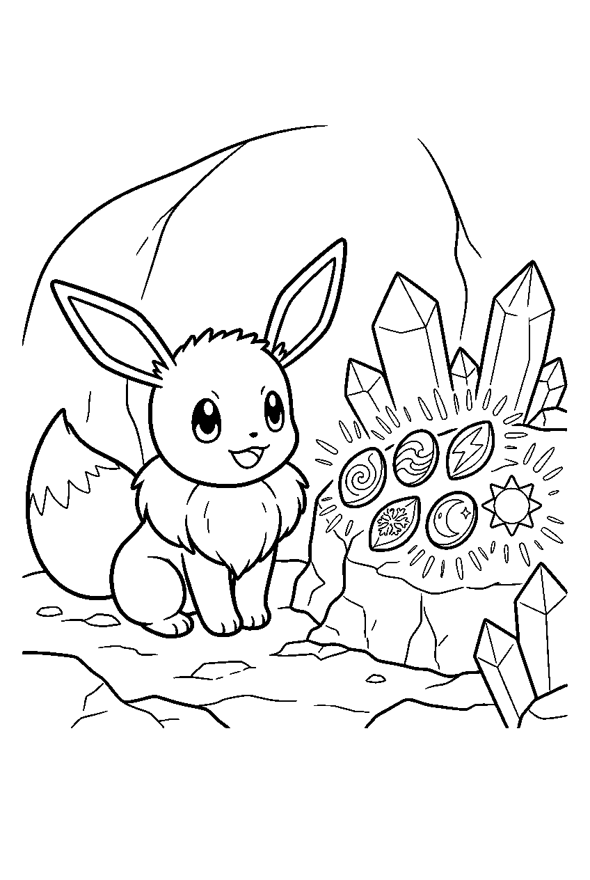 eevee watching evolution stones glow inside a crystal cave line art