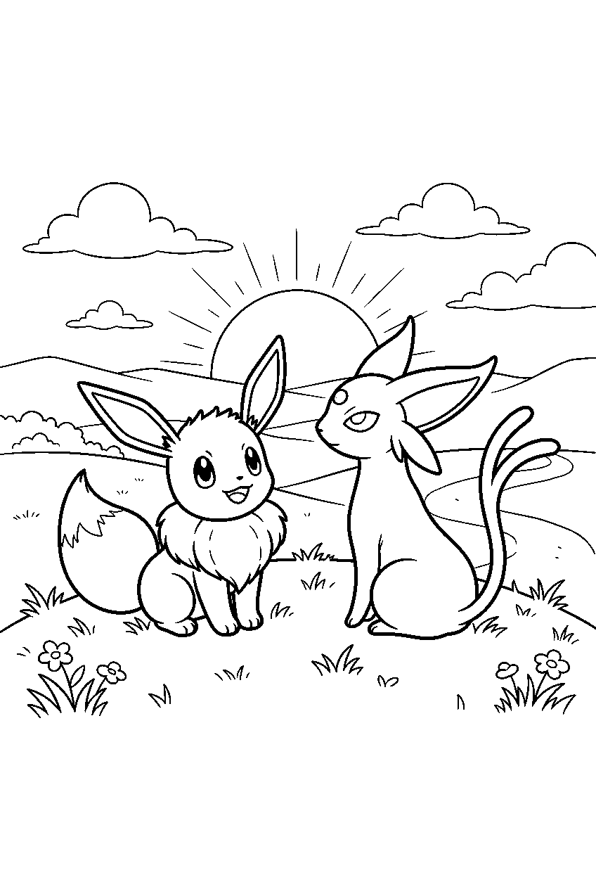 eevee watching the sunrise with espeon from a grassy hill line art