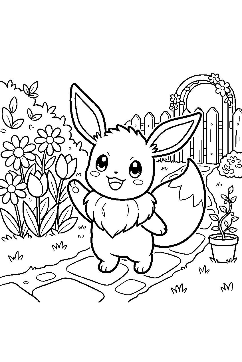 eevee waving in a cute chibi pose inside a simple garden line art