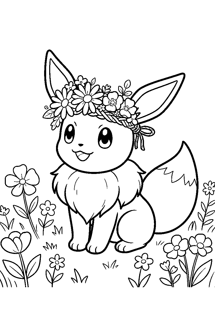 eevee wearing a flower crown in a wildflower meadow line art