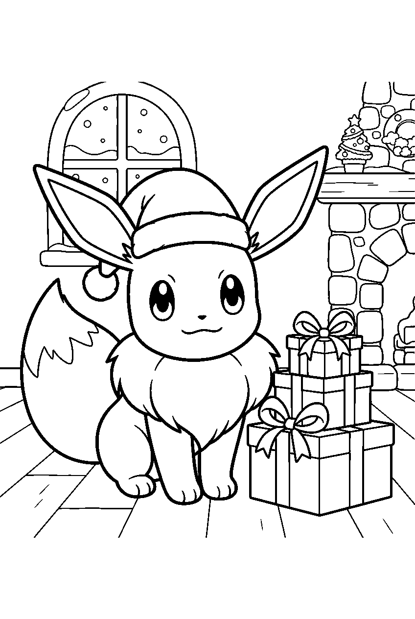 eevee wearing a santa hat beside gifts in a snowy cottage line art