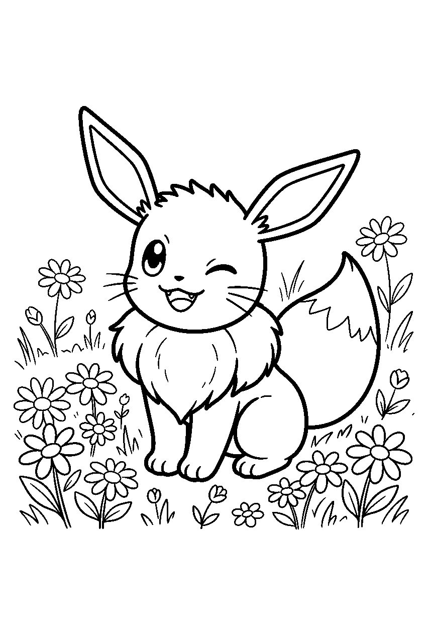 eevee winking among daisies in a spring field line art