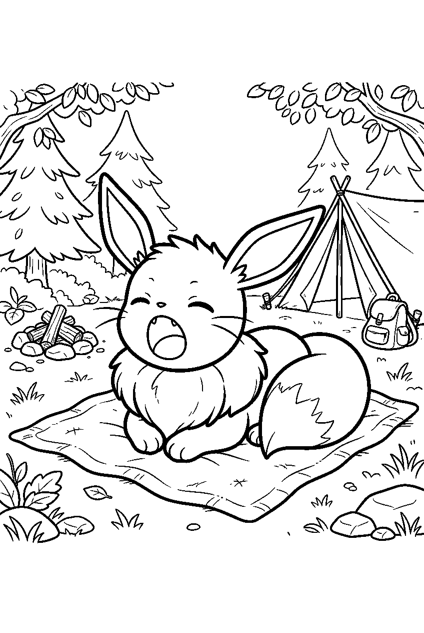 eevee yawning on a blanket at a woodland campsite line art