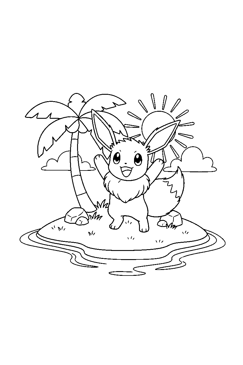 pokemon eevee cheering happily on a tropical island line art