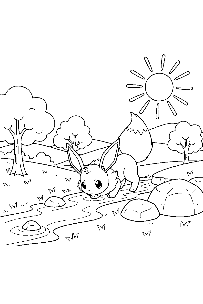 pokemon eevee drinking water in a sunny countryside line art