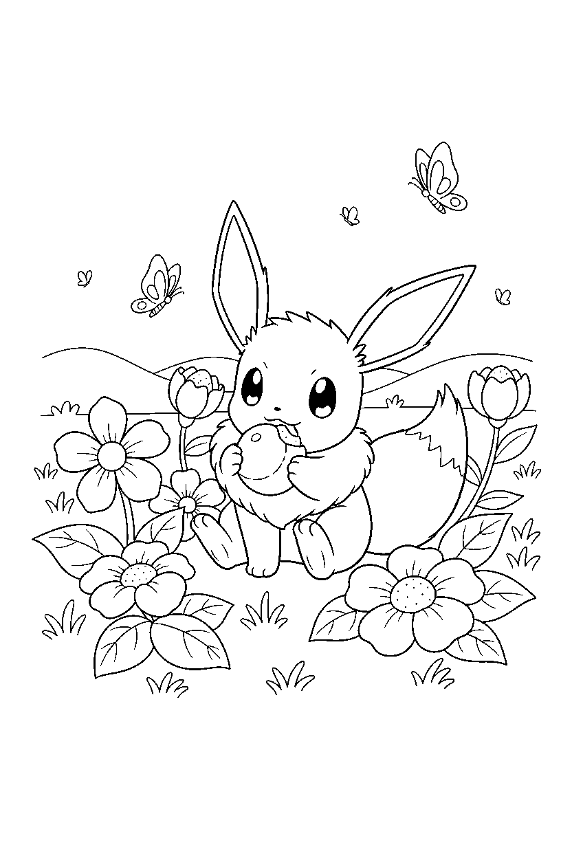 pokemon eevee eating a snack in a flower garden line art
