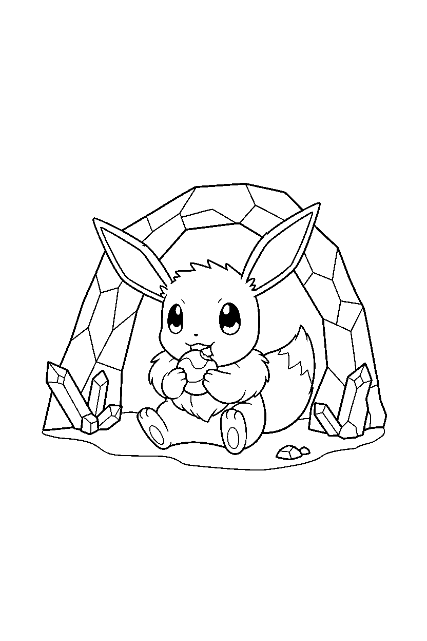 pokemon eevee eating a snack inside a crystal cave line art