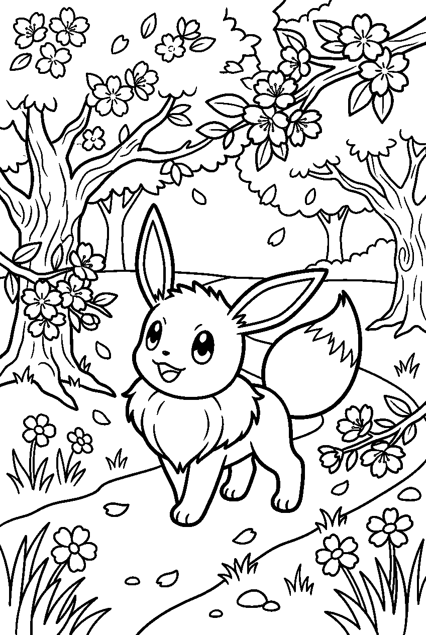 pokemon eevee exploring in cherry blossom park line art