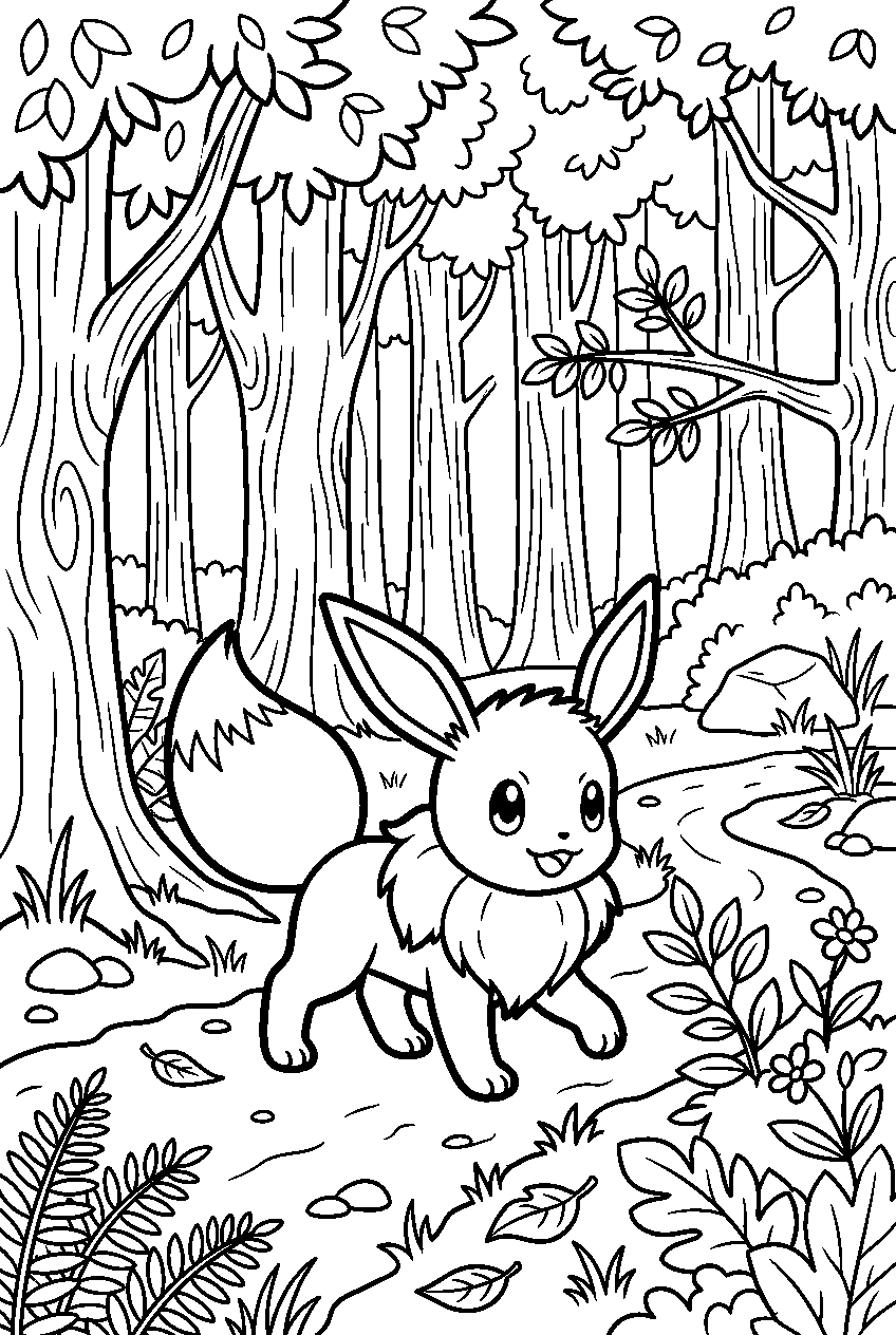 pokemon eevee exploring in deep forest line art