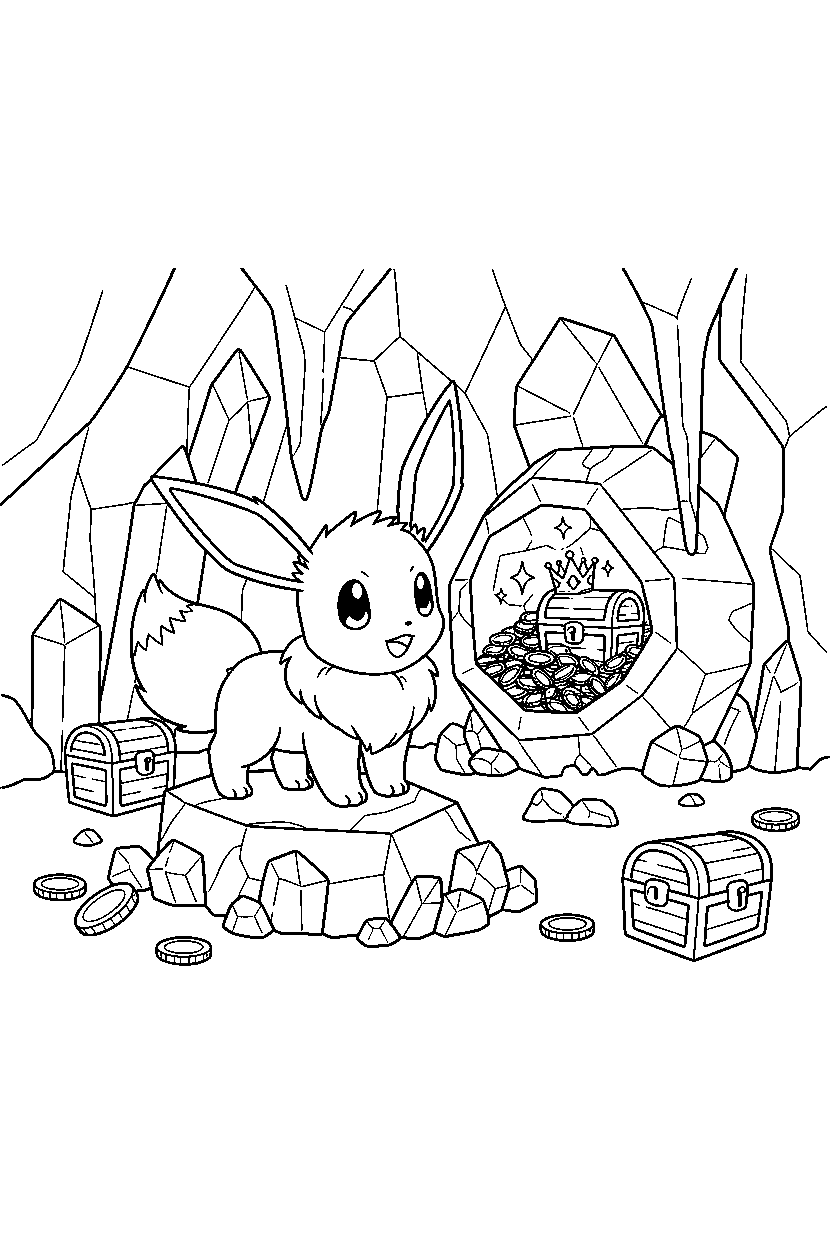 pokemon eevee finding a treasure inside a crystal cave line art