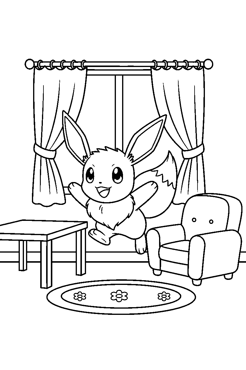 pokemon eevee jumping in simple room line art