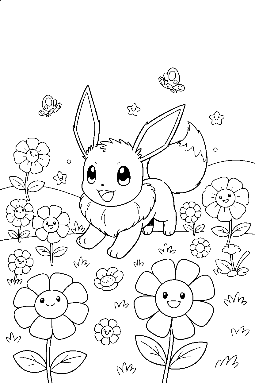 pokemon eevee playing happily in a flower garden line art