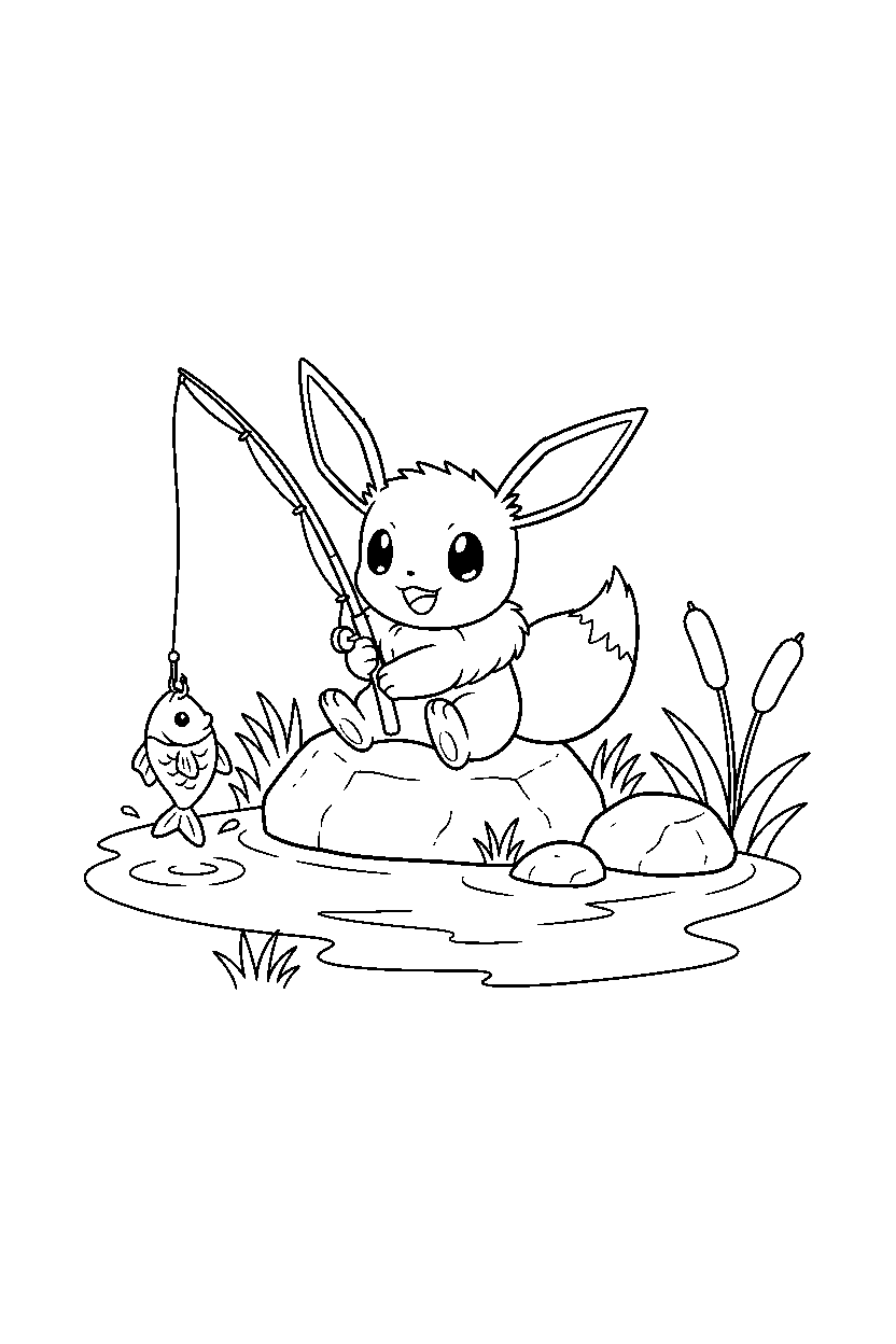 pokemon eevee posing at fishing spot line art