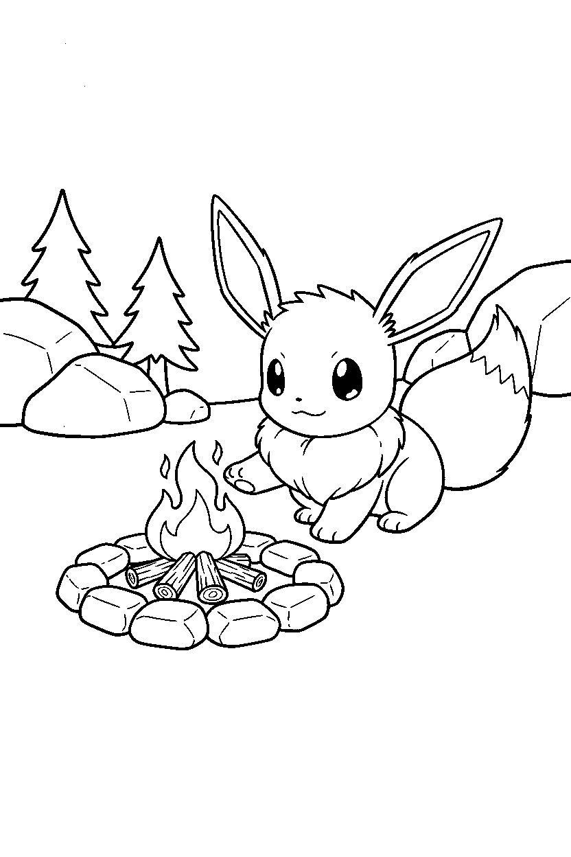 pokemon eevee reaching at campfire spot line art