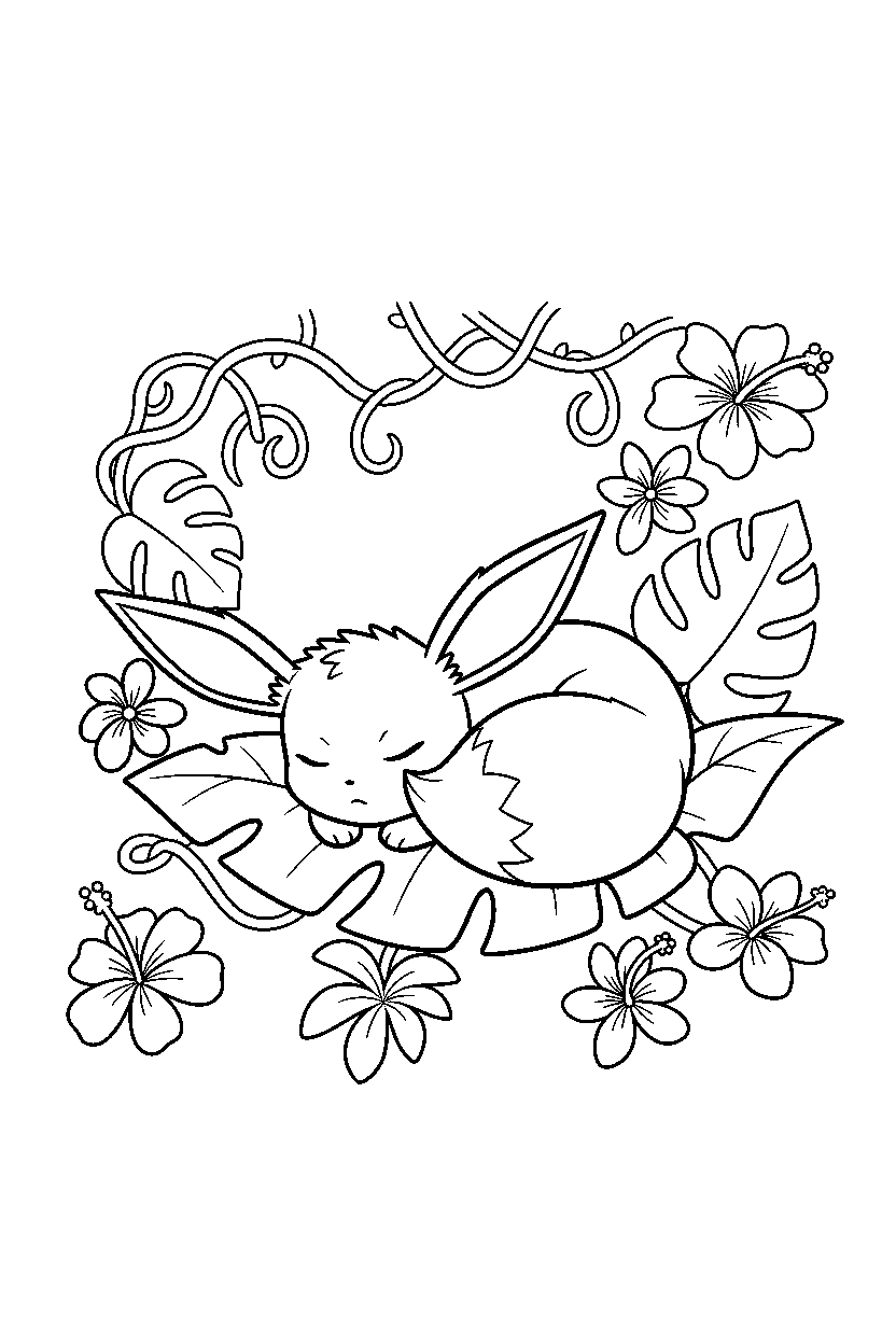 pokemon eevee resting peacefully in a jungle line art