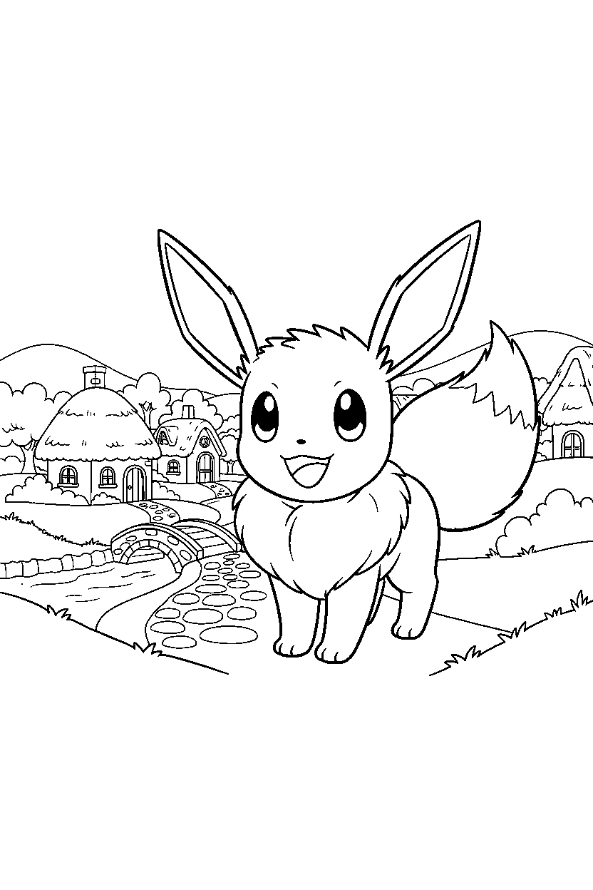 pokemon eevee smiling happily in a peaceful village line art