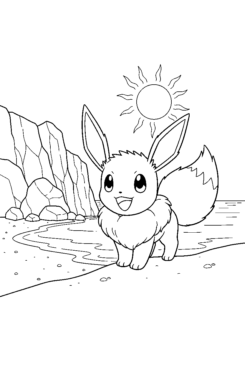 pokemon eevee smiling happily near a seaside cliff line art
