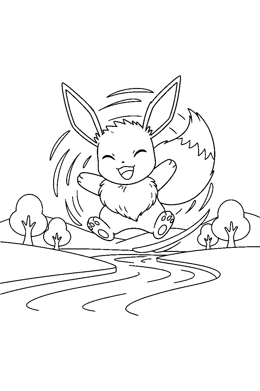 pokemon eevee spinning happily near a river line art