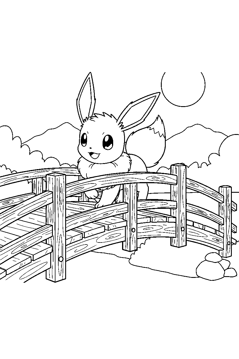 pokemon eevee walking slowly on wooden bridge line art