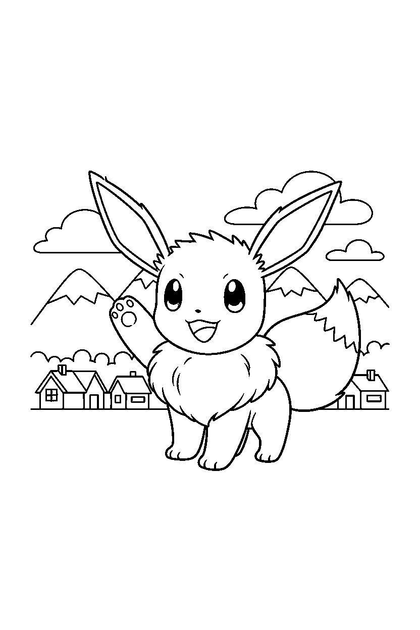 pokemon eevee waving happily in a mountain village line art