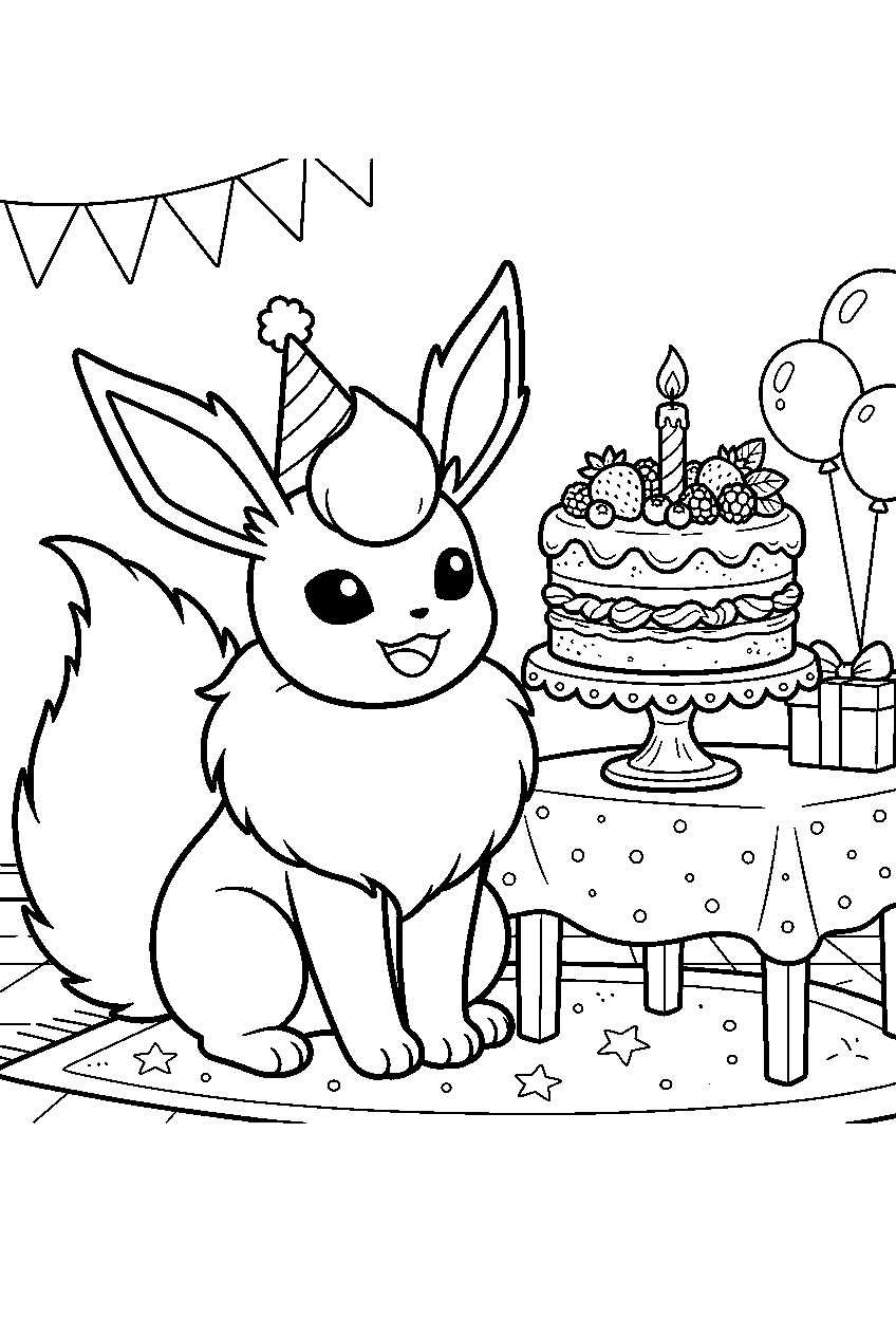 birthday flareon at a party sitting beside a berry cake line art