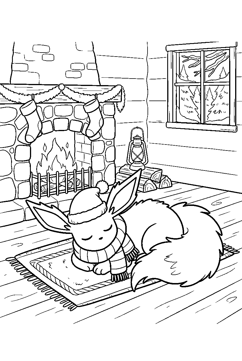 christmas flareon inside a winter cabin resting by the fireplace line art