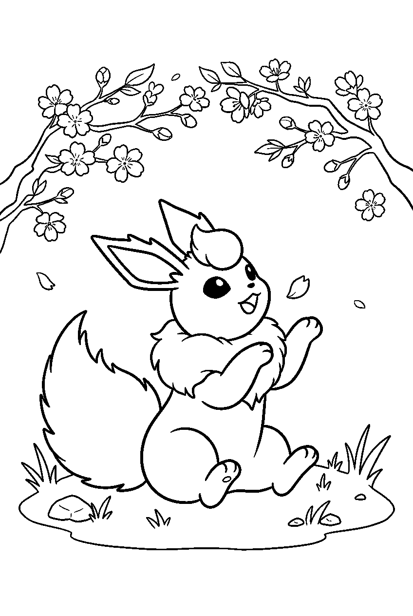 cute flareon beneath cherry blossoms catching a falling petal line art